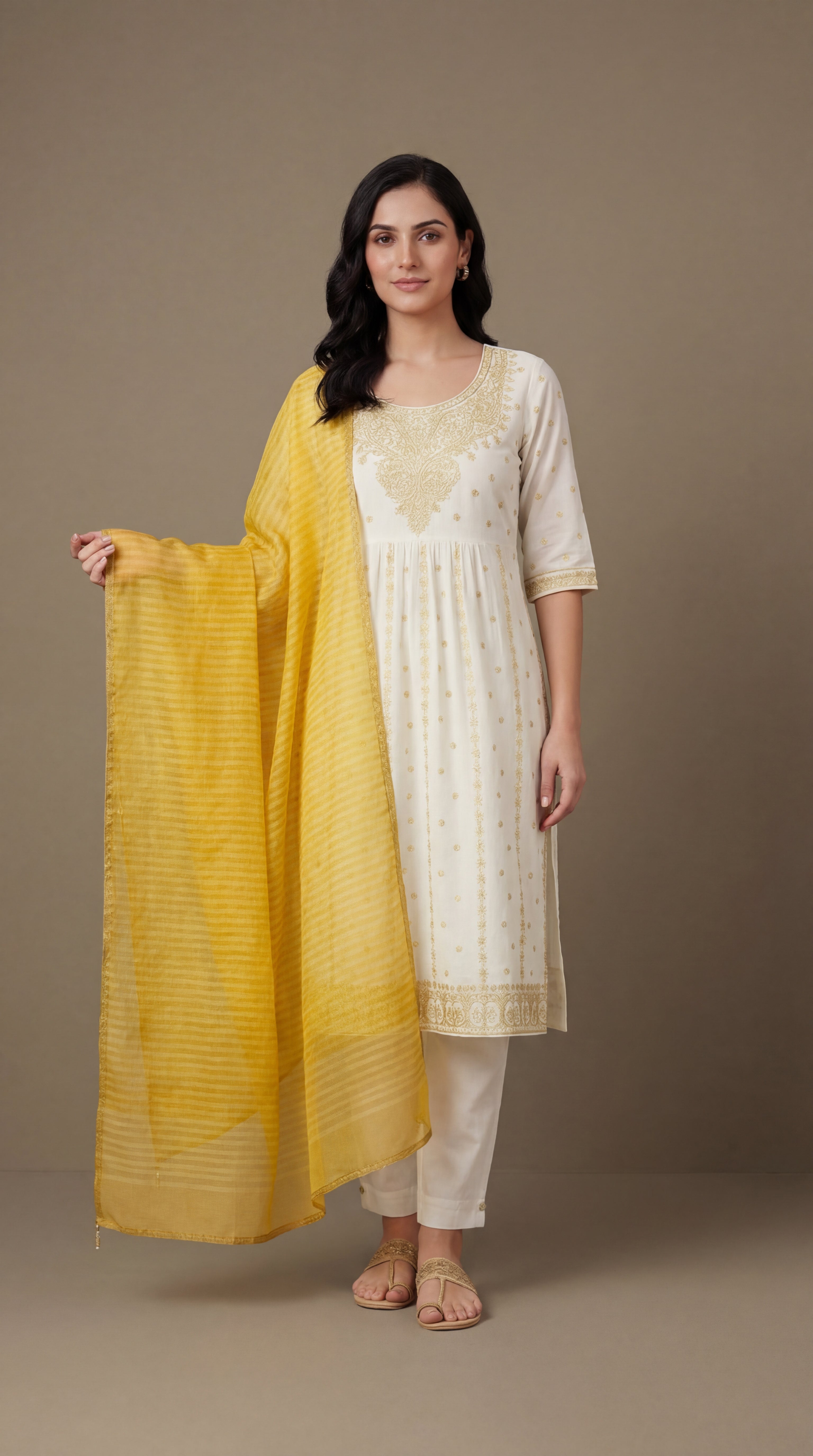 White & Yellow Embroidered Cotton Silk Salwar Suit Set with Dupatta for Women | Designer Ethnic Kurta Salwar Dupatta Set Festive Wear