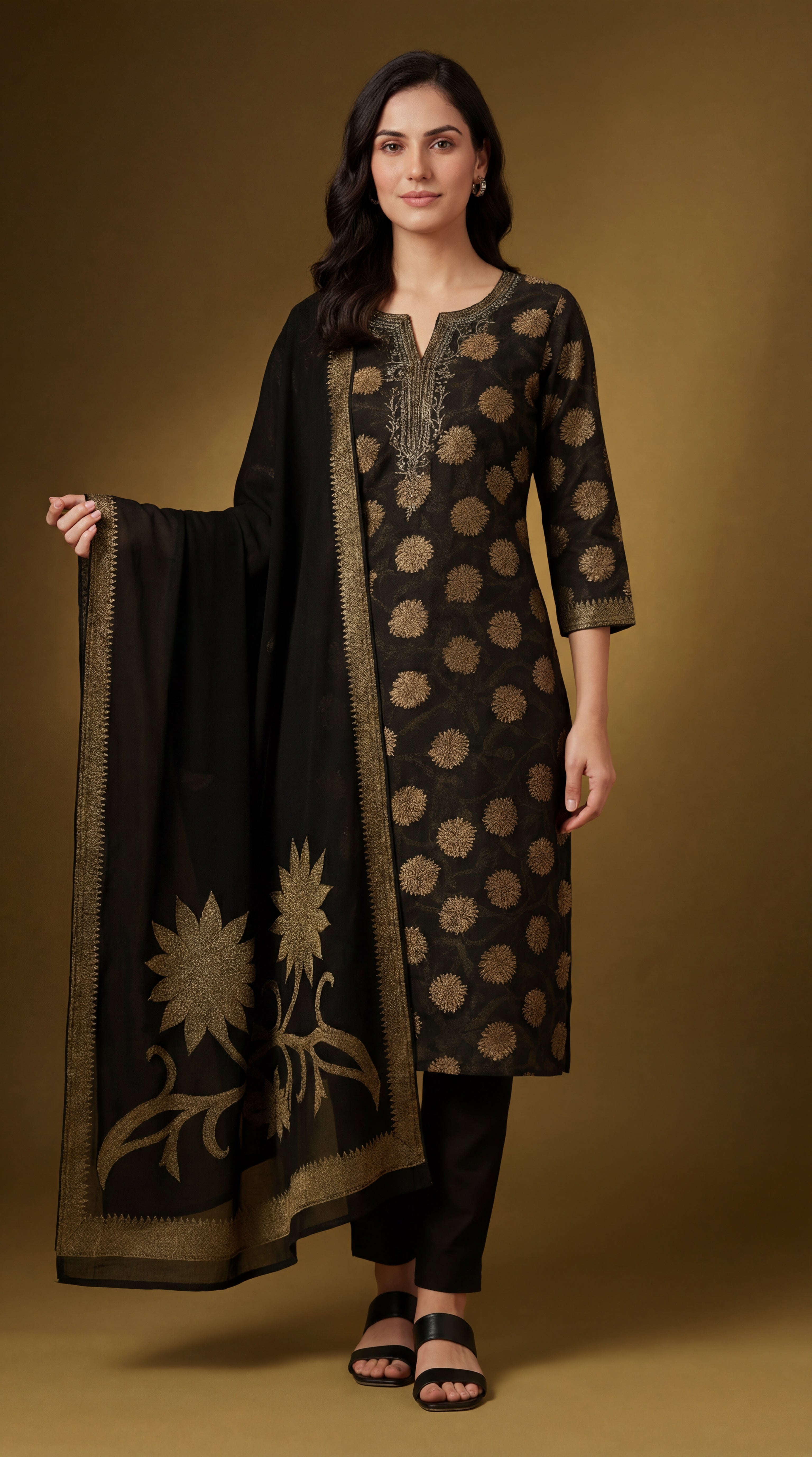 Black Gold Embroidered Cotton Silk Salwar Suit Set with Dupatta for Women | Designer Ethnic Kurta Salwar Dupatta Set Festive & Wedding Wear