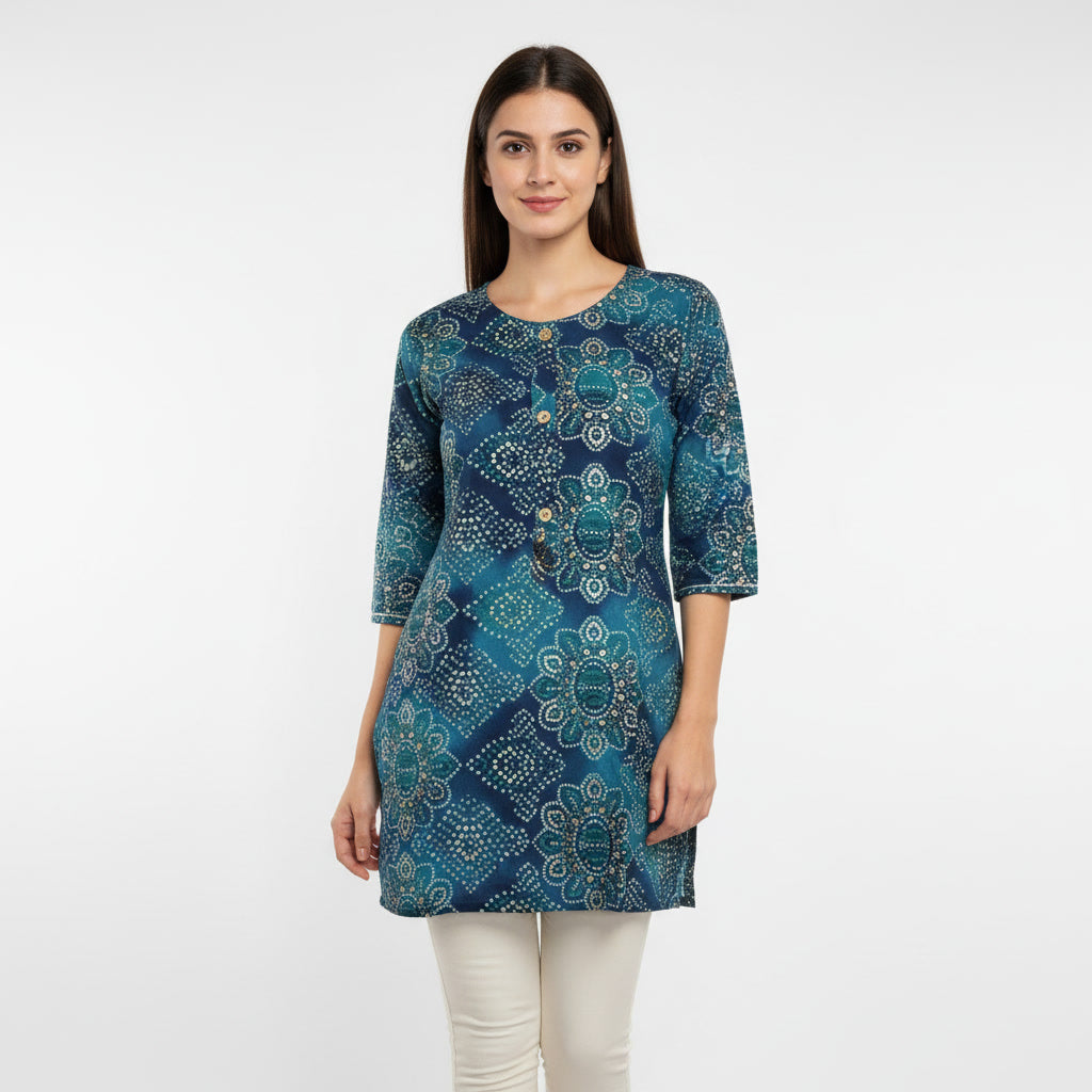 Teal Blue Printed Short Kurti for Women | Stylish Casual Ethnic Top | Daily Wear Cotton Kurti