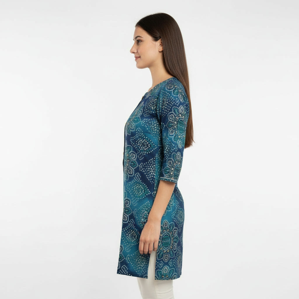 Teal Blue Printed Short Kurti for Women | Stylish Casual Ethnic Top | Daily Wear Cotton Kurti