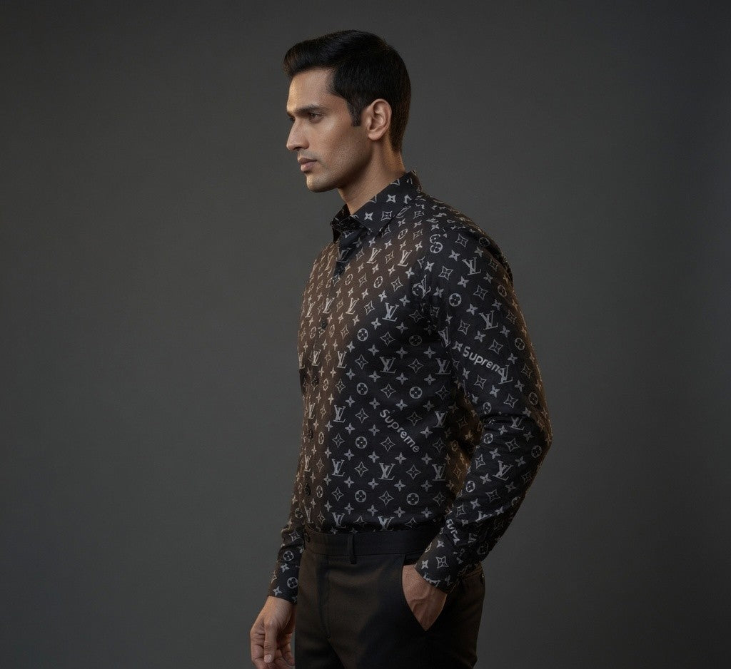 Luxury Monogram Printed Shirt for Men | Premium Full Sleeve Party Wear Shirt | Black & White Variants