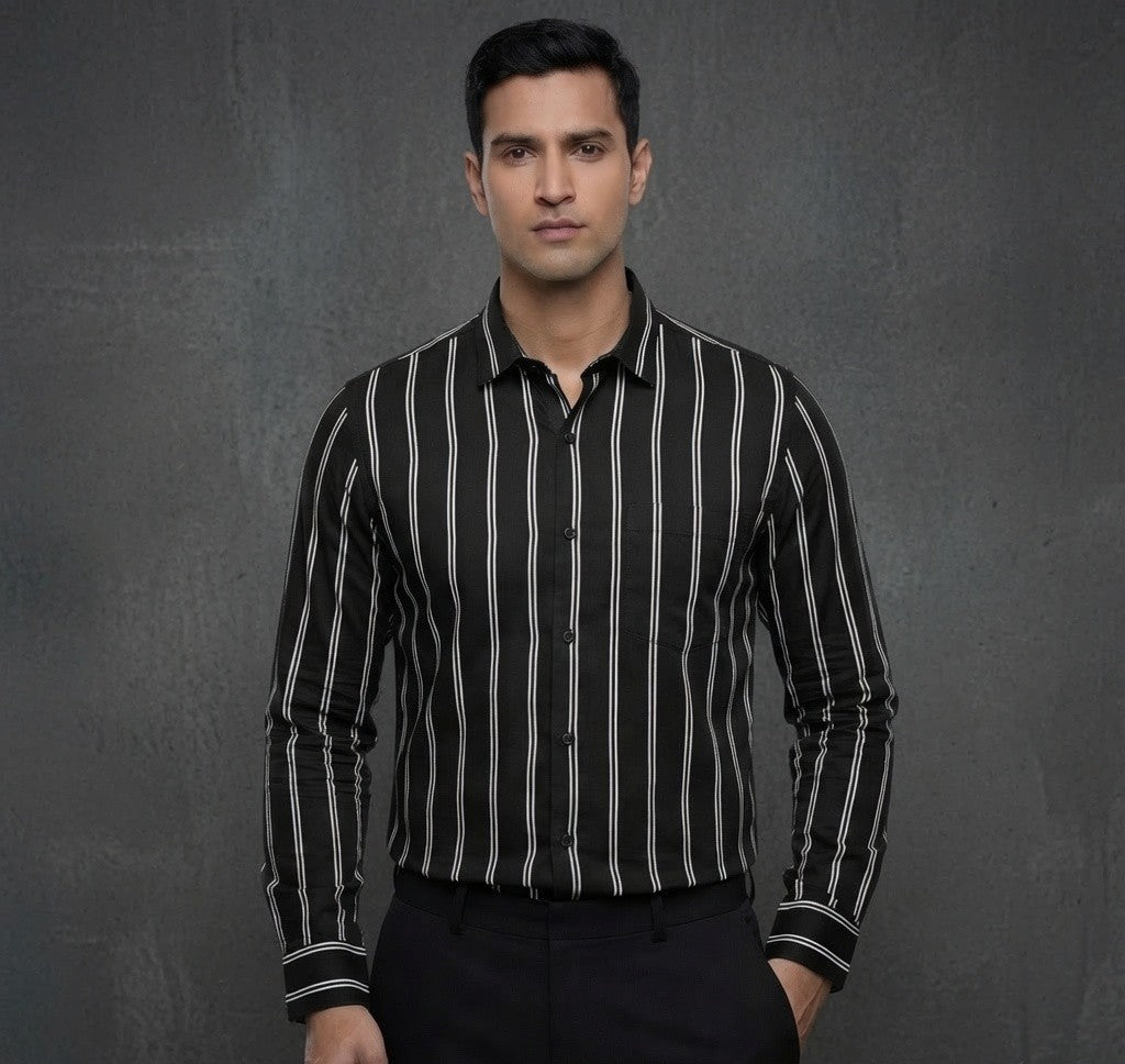 Men's Navy Blue Vertical Stripe Shirt | Premium Full Sleeve Casual & Formal Shirt