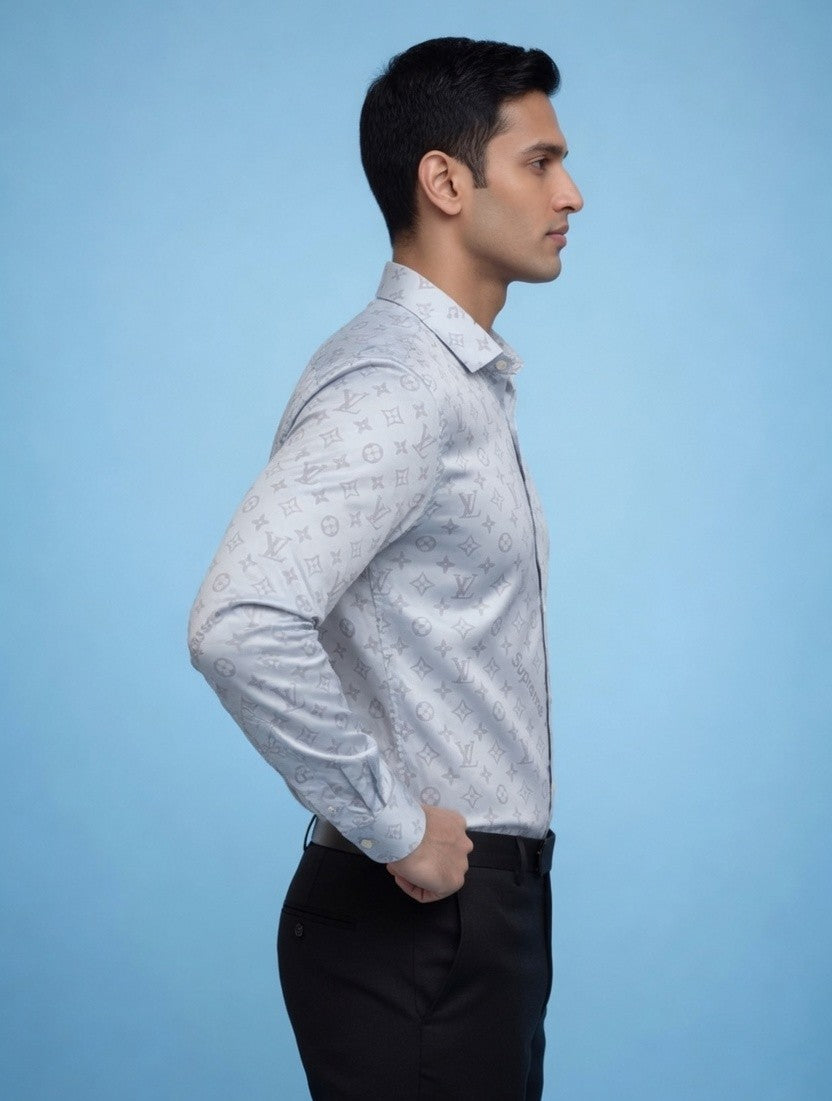 Luxury Monogram Printed Satin Shirt for Men | Premium Full Sleeve Party Wear Shirt | Ice Blue