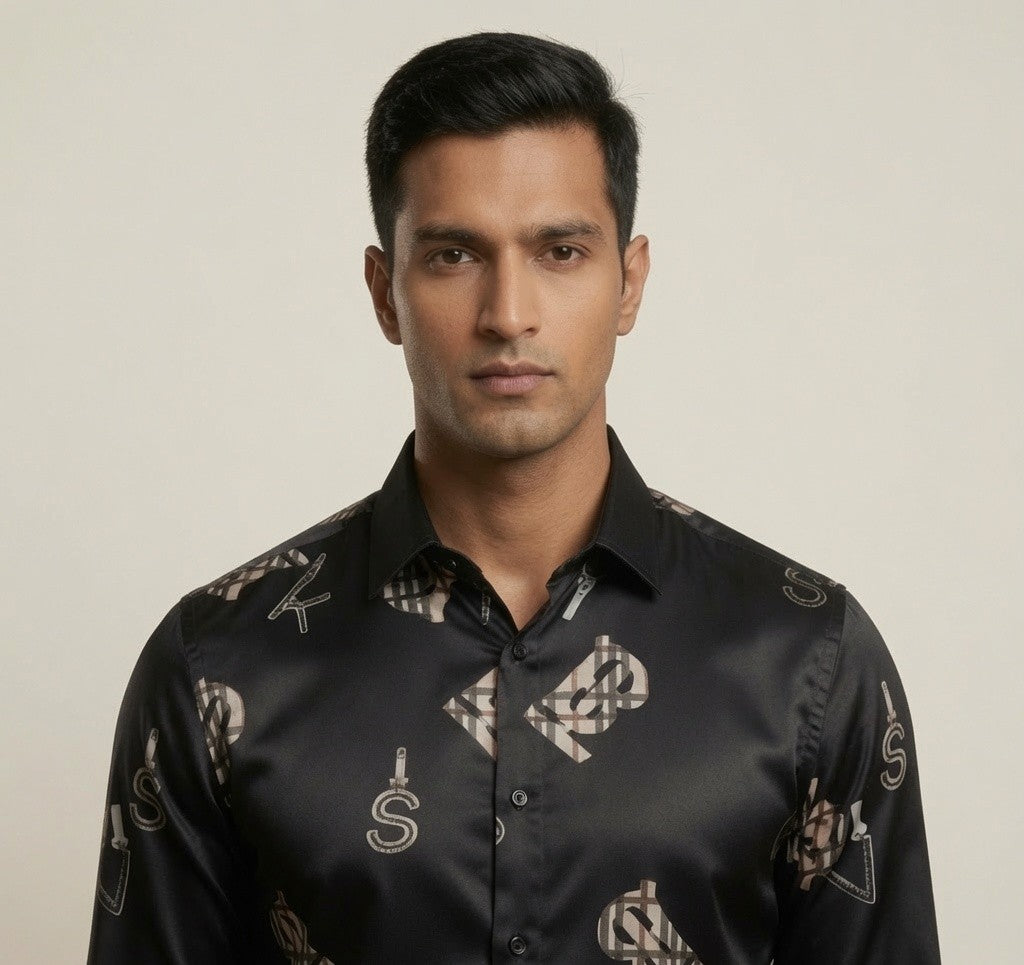 Luxury Satin Printed Shirt for Men | Premium Full Sleeve Party Wear Shirt | Black & White Color Options