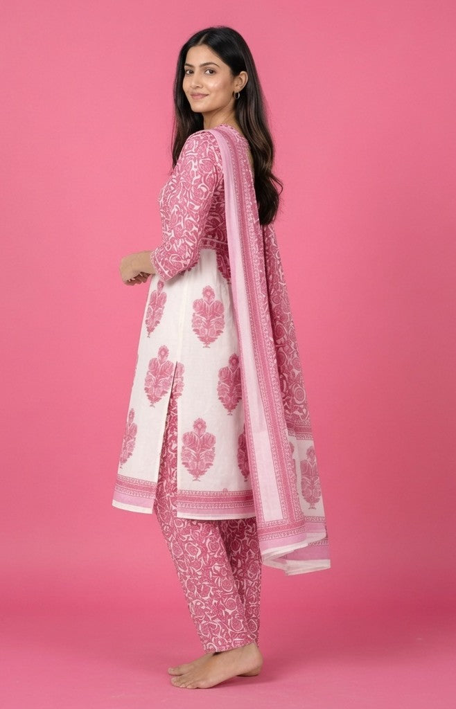 Pink Floral Printed Cotton Silk Salwar Suit Set for Women with Dupatta | Designer Ethnic Kurta Salwar Dupatta Set | Traditional Indian Wear