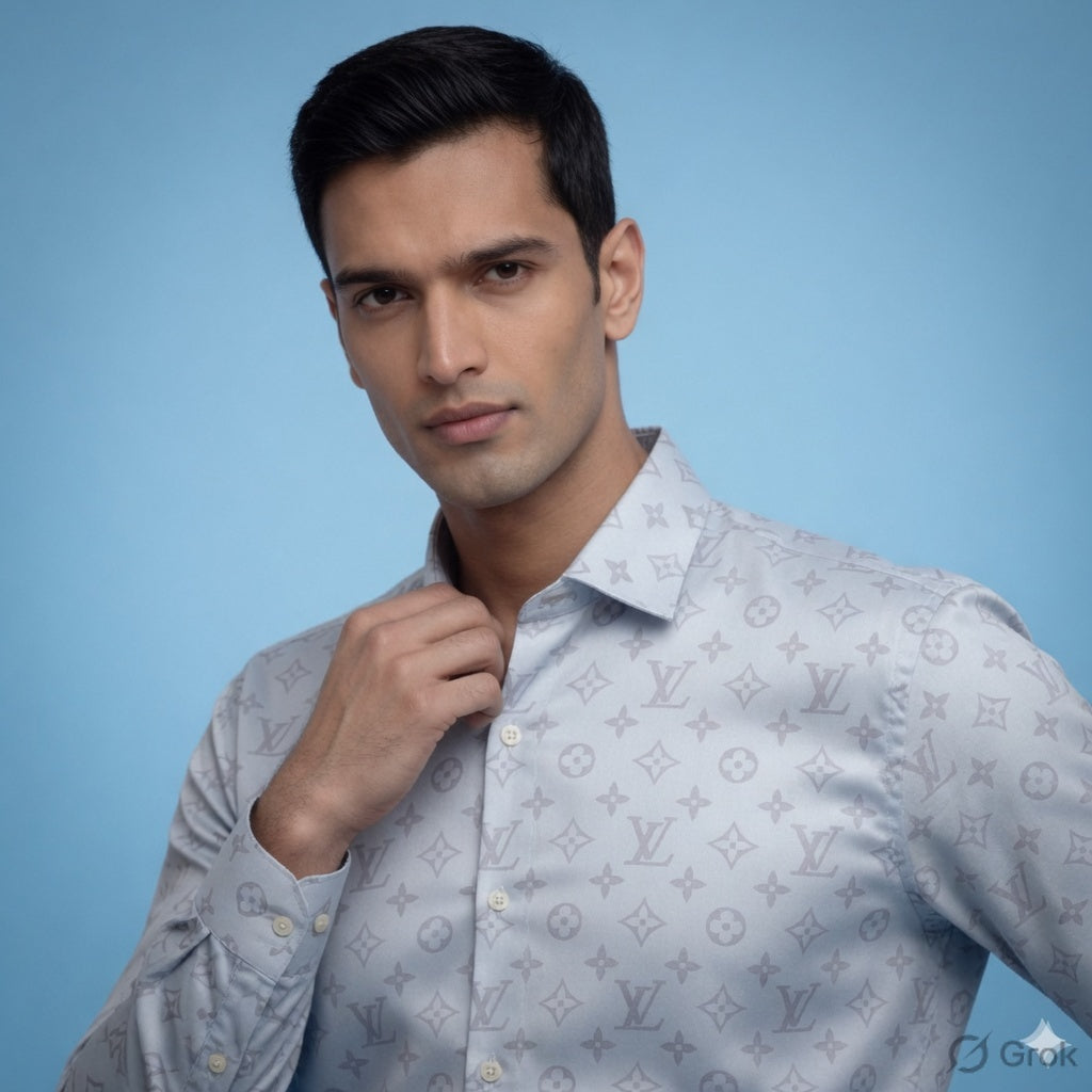 Luxury Monogram Printed Satin Shirt for Men | Premium Full Sleeve Party Wear Shirt | Ice Blue