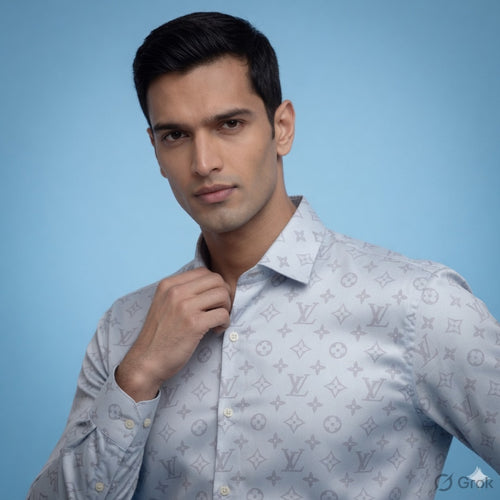 Luxury Monogram Printed Satin Shirt for Men | Premium Full Sleeve Party Wear Shirt | Ice Blue