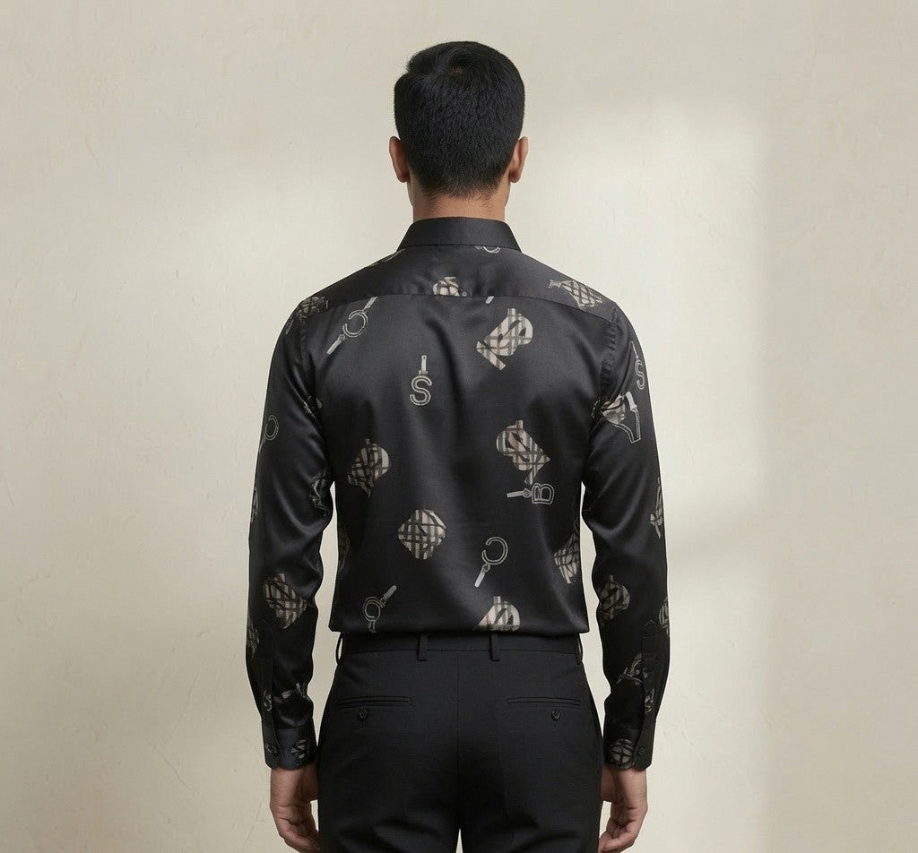 Luxury Satin Printed Shirt for Men | Premium Full Sleeve Party Wear Shirt | Black & White Color Options