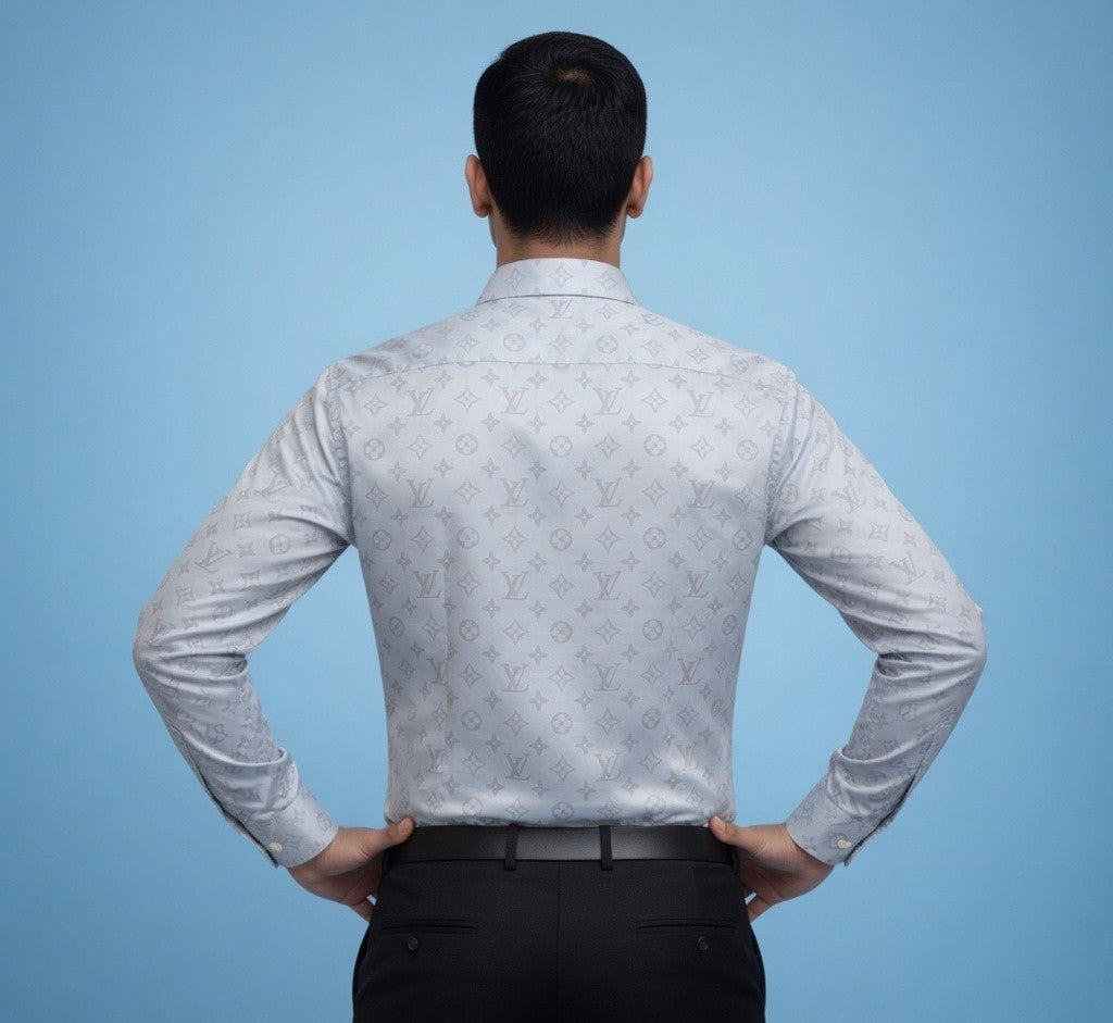 Luxury Monogram Printed Satin Shirt for Men | Premium Full Sleeve Party Wear Shirt | Ice Blue