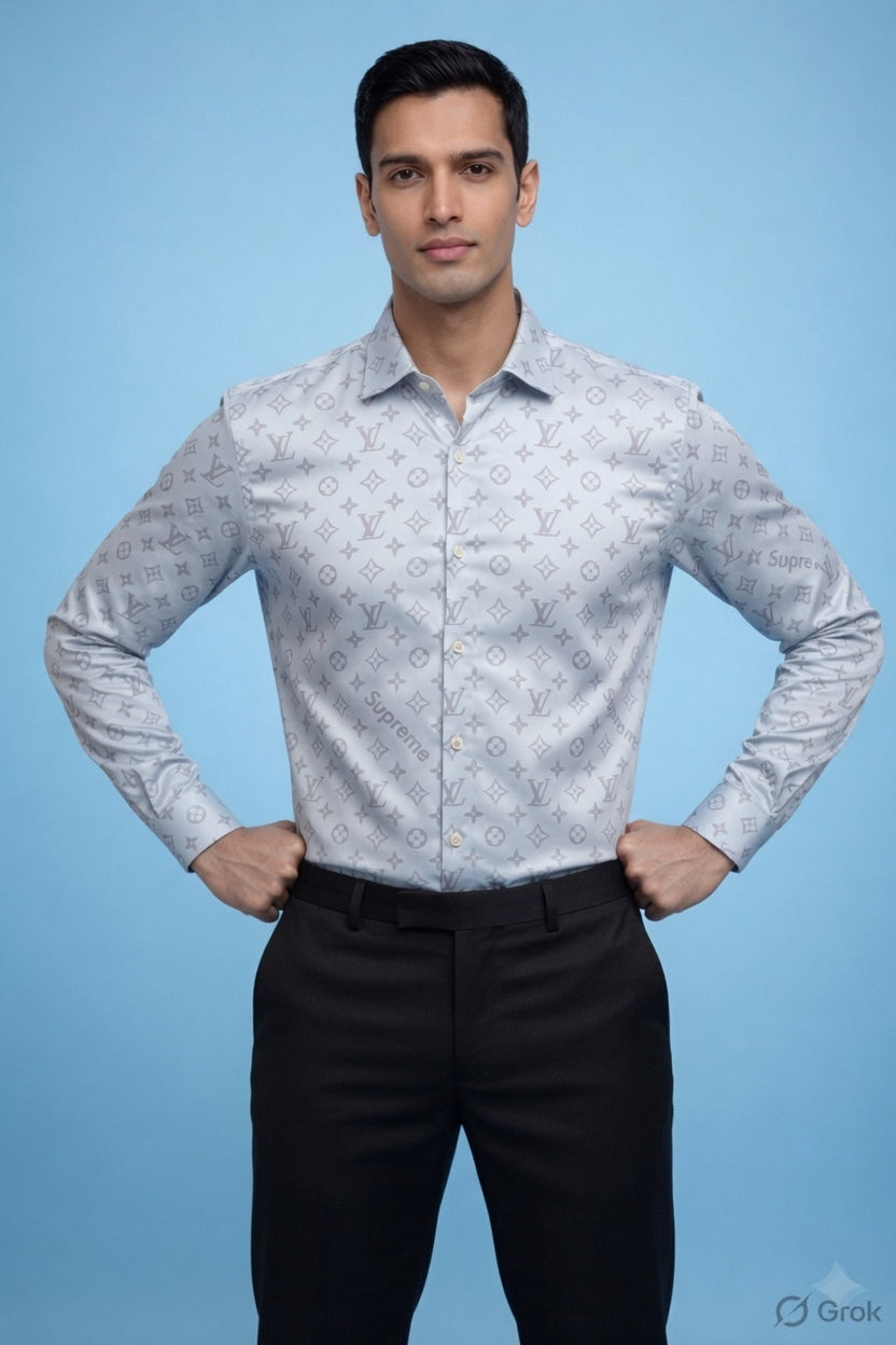 Luxury Monogram Printed Satin Shirt for Men | Premium Full Sleeve Party Wear Shirt | Ice Blue