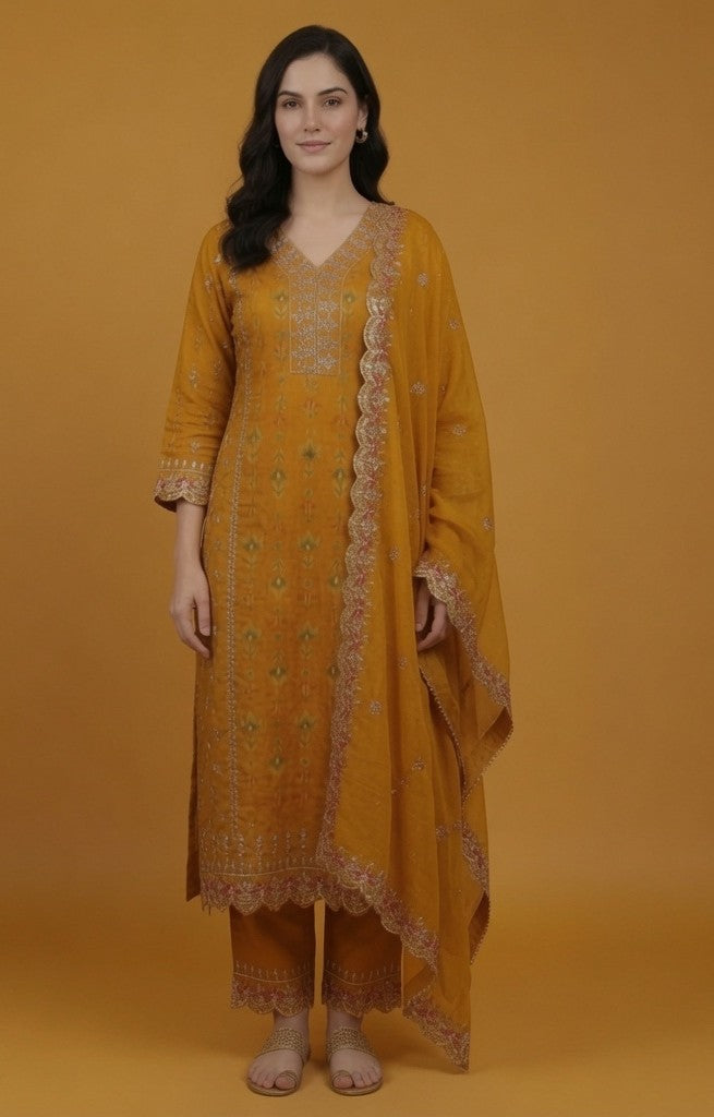 Mustard Yellow Embroidered Cotton Silk Salwar Suit Set for Women with Dupatta | Designer Ethnic Kurta Salwar Dupatta Set | Festive Wear