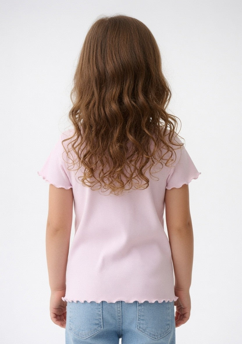 Girls Light Pink Ribbed Cotton T-Shirt | Cute Half Sleeve Casual Top for Kids | Soft & Comfortable Everyday Wear