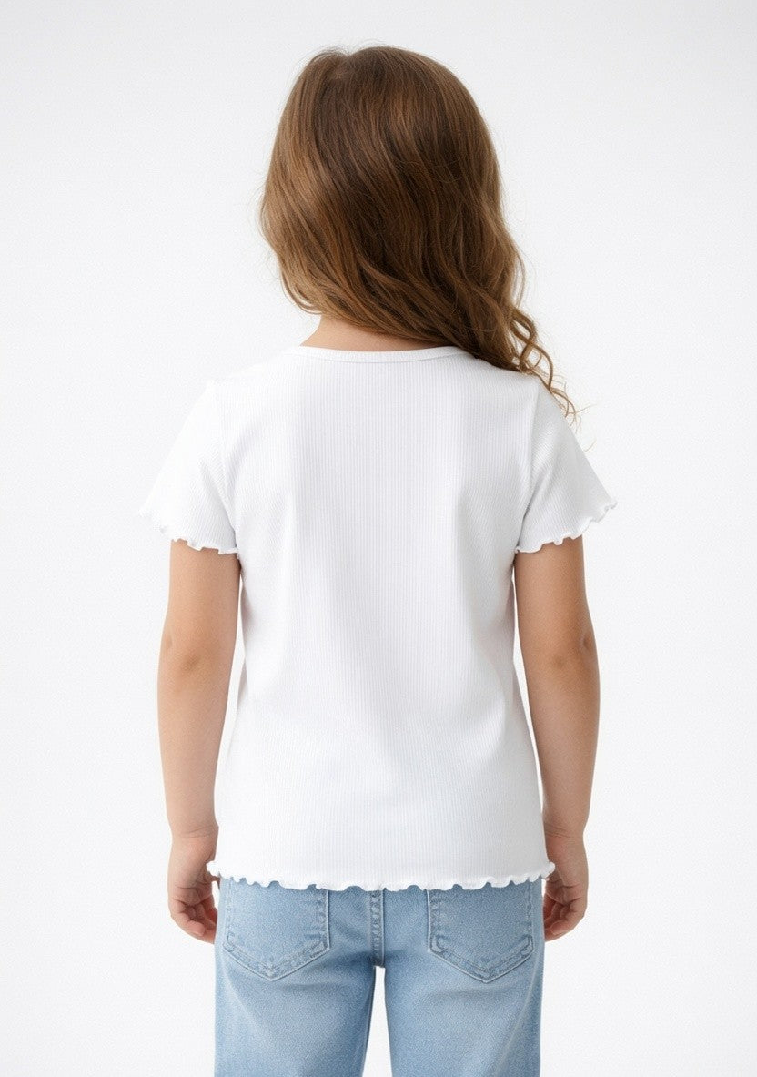 Girls White Ribbed Cotton T-Shirt with Star Design | Cute Half Sleeve Casual Top for Kids