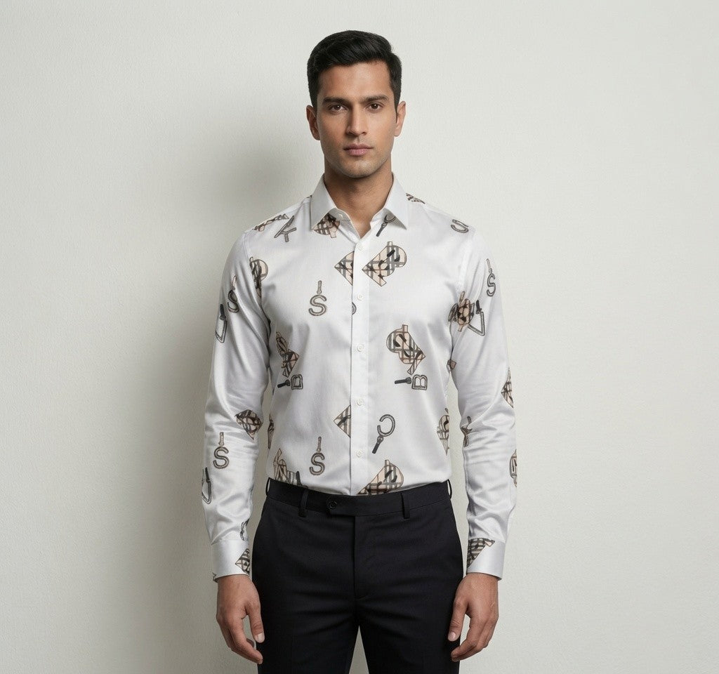 Luxury Satin Printed Shirt for Men | Premium Full Sleeve Party Wear Shirt | Black & White Color Options