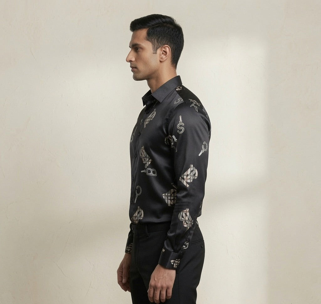 Luxury Satin Printed Shirt for Men | Premium Full Sleeve Party Wear Shirt | Black & White Color Options