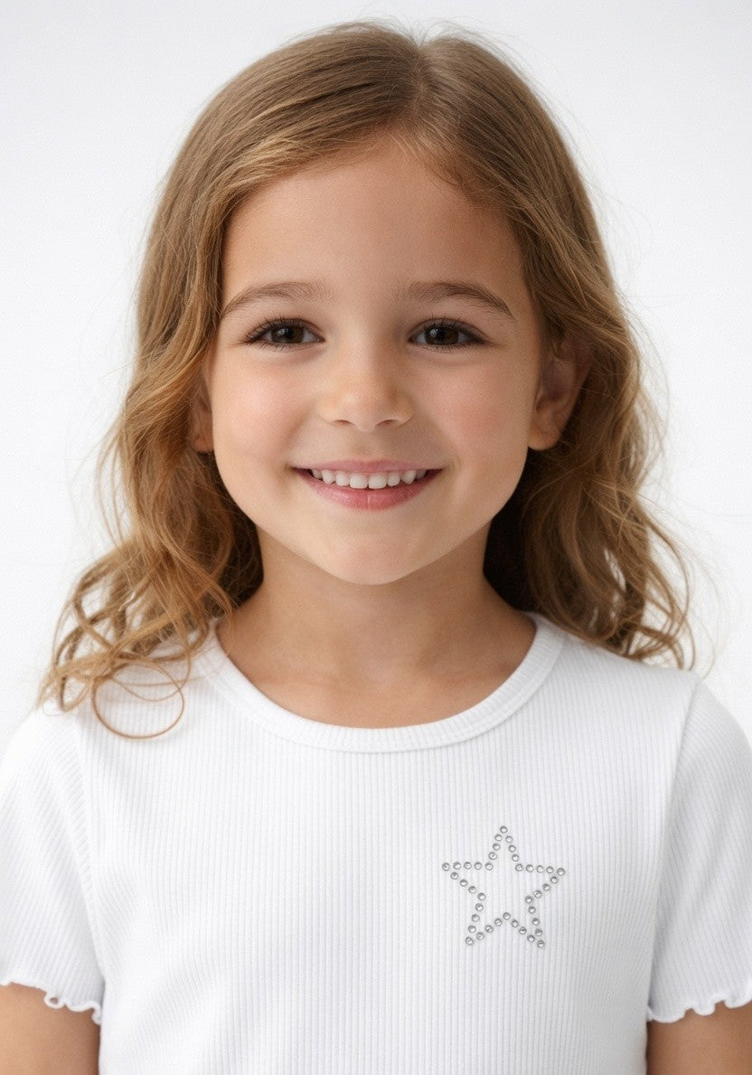 Girls White Ribbed Cotton T-Shirt with Star Design | Cute Half Sleeve Casual Top for Kids