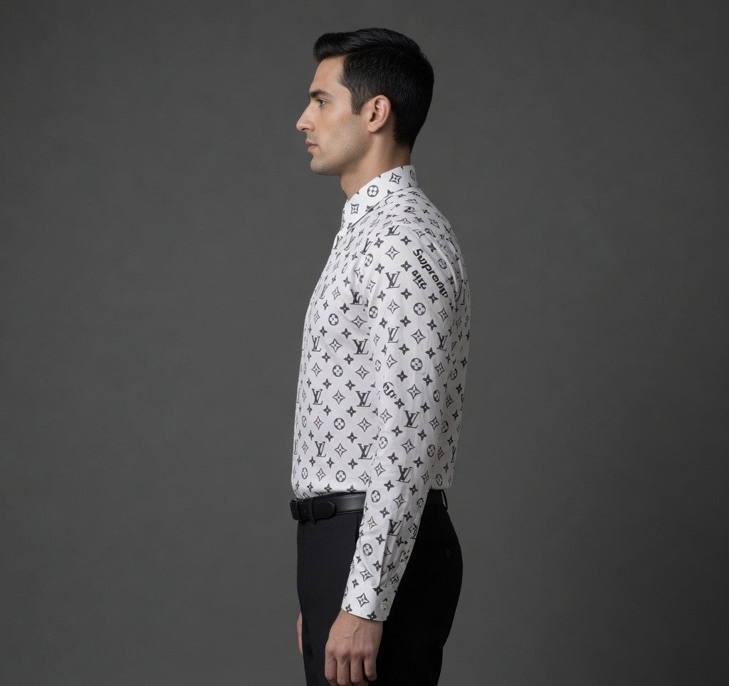 Luxury Monogram Printed Shirt for Men | Premium Full Sleeve Party Wear Shirt | Black & White Variants