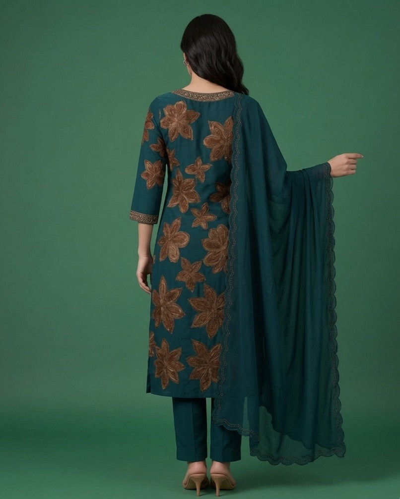 Teal Green Floral Embroidered Cotton Silk Salwar Suit Set with Dupatta for Women | Designer Ethnic Kurta Salwar Dupatta Set Festive & Wedding Wear