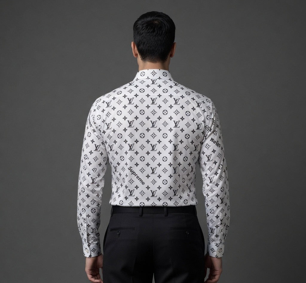 Luxury Monogram Printed Shirt for Men | Premium Full Sleeve Party Wear Shirt | Black & White Variants