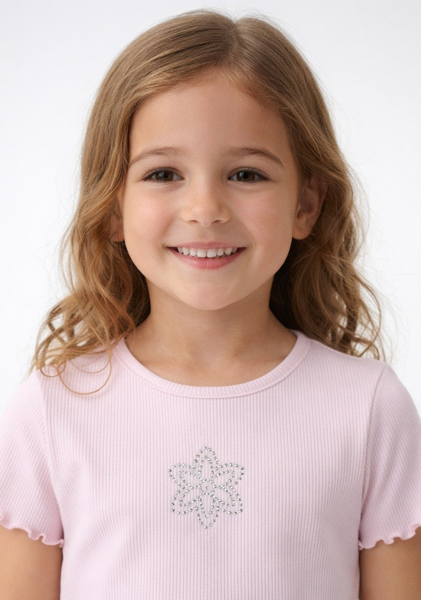 Girls Light Pink Ribbed Cotton T-Shirt | Cute Half Sleeve Casual Top for Kids | Soft & Comfortable Everyday Wear