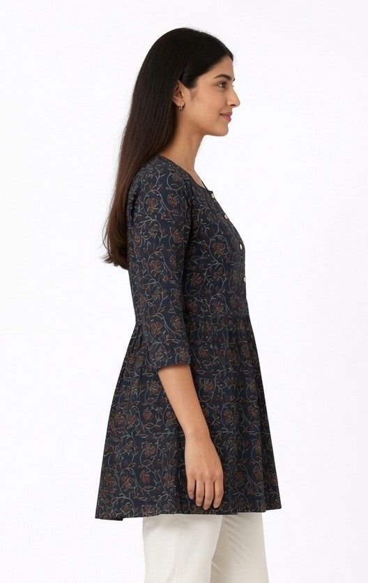 Navy Blue Floral Printed Peplum Short Kurti for Women | Stylish Casual Ethnic Top | Trendy Daily Wear Kurti