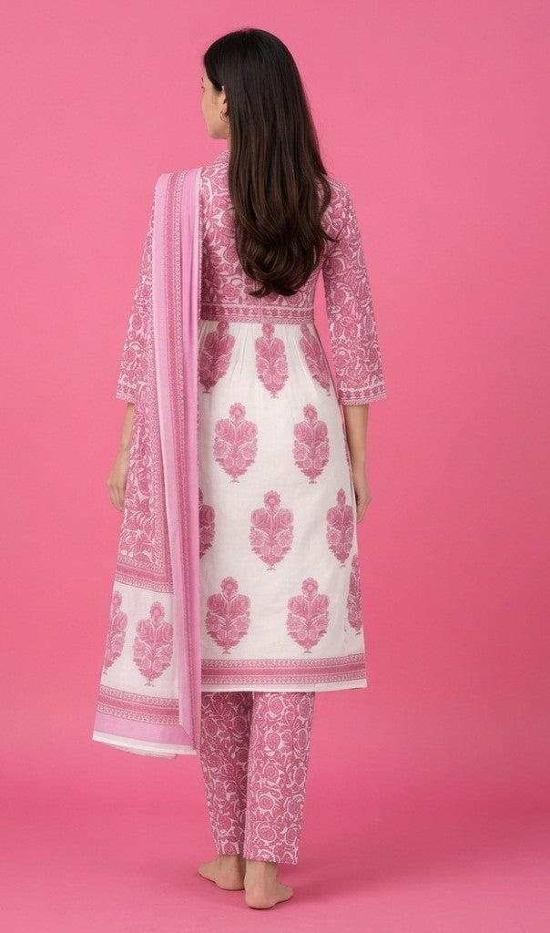 Pink Floral Printed Cotton Silk Salwar Suit Set for Women with Dupatta | Designer Ethnic Kurta Salwar Dupatta Set | Traditional Indian Wear