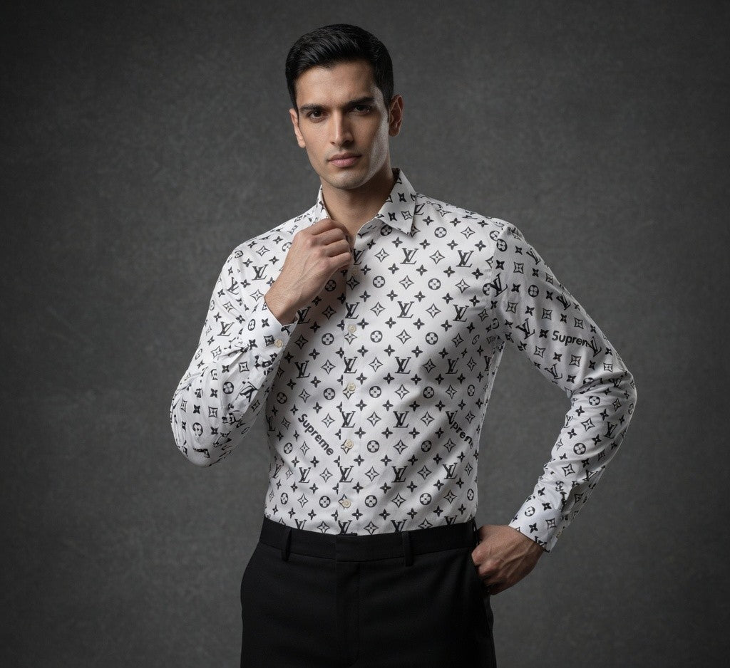 Luxury Monogram Printed Shirt for Men | Premium Full Sleeve Party Wear Shirt | Black & White Variants