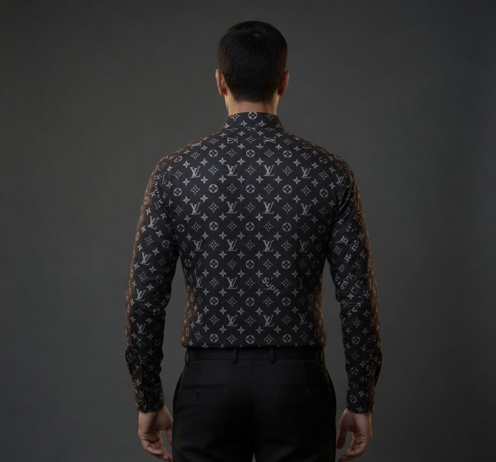 Luxury Monogram Printed Shirt for Men | Premium Full Sleeve Party Wear Shirt | Black & White Variants