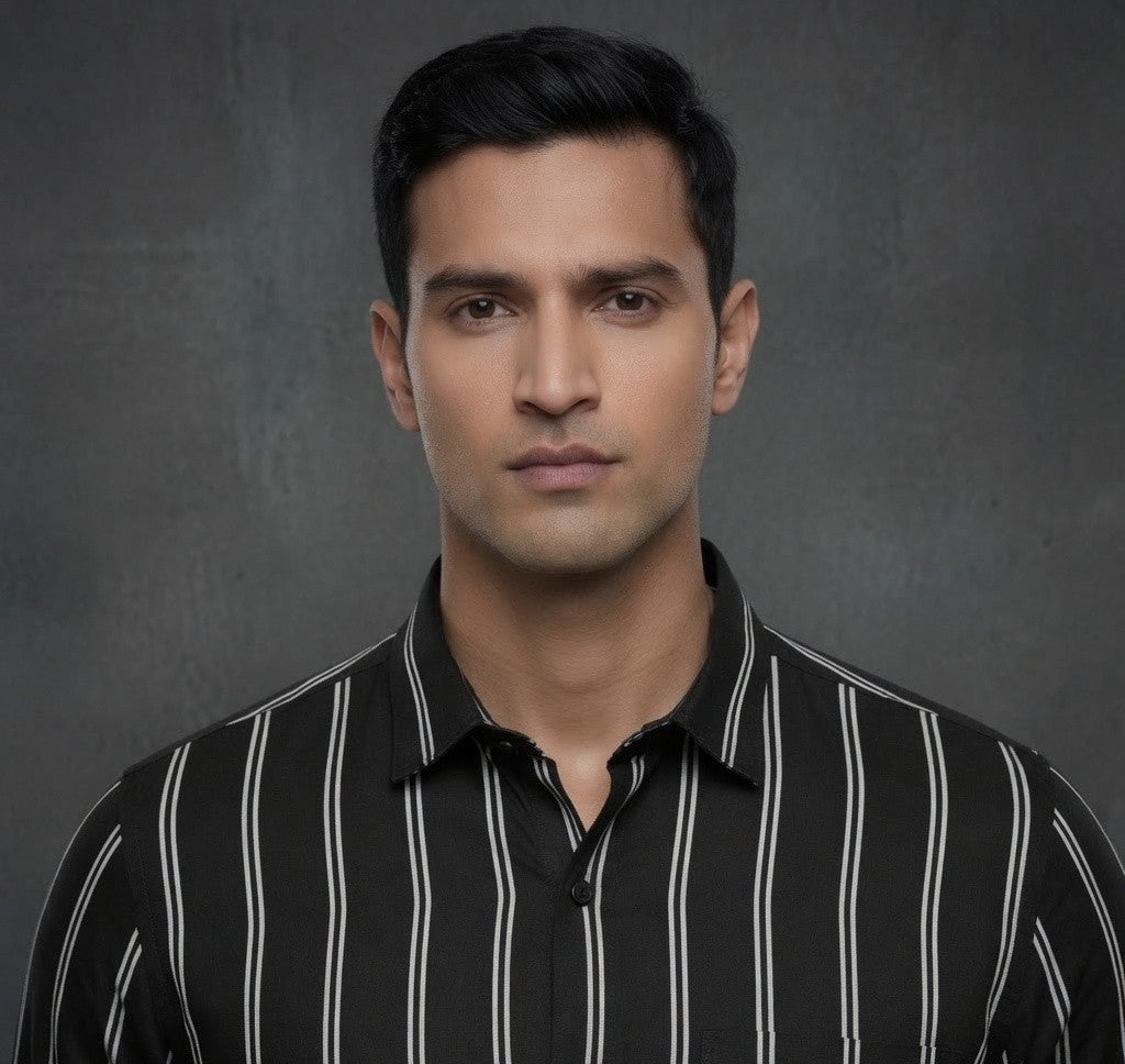 Men's Navy Blue Vertical Stripe Shirt | Premium Full Sleeve Casual & Formal Shirt