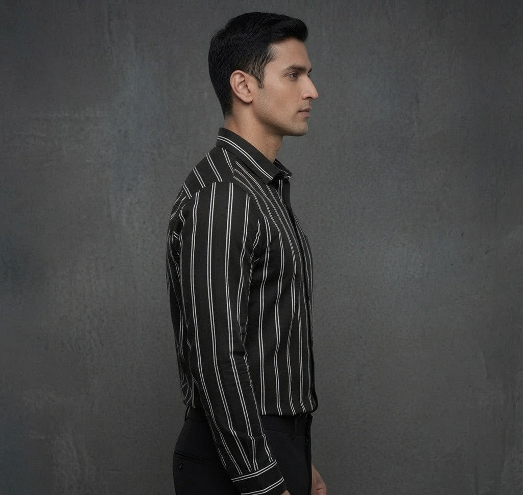 Men's Navy Blue Vertical Stripe Shirt | Premium Full Sleeve Casual & Formal Shirt