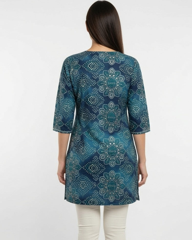 Teal Blue Printed Short Kurti for Women | Stylish Casual Ethnic Top | Daily Wear Cotton Kurti