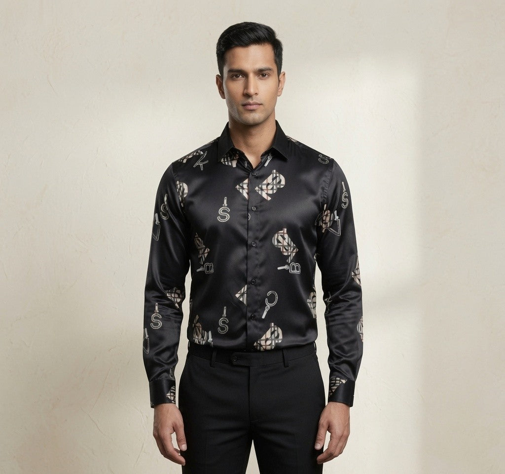 Luxury Satin Printed Shirt for Men | Premium Full Sleeve Party Wear Shirt | Black & White Color Options