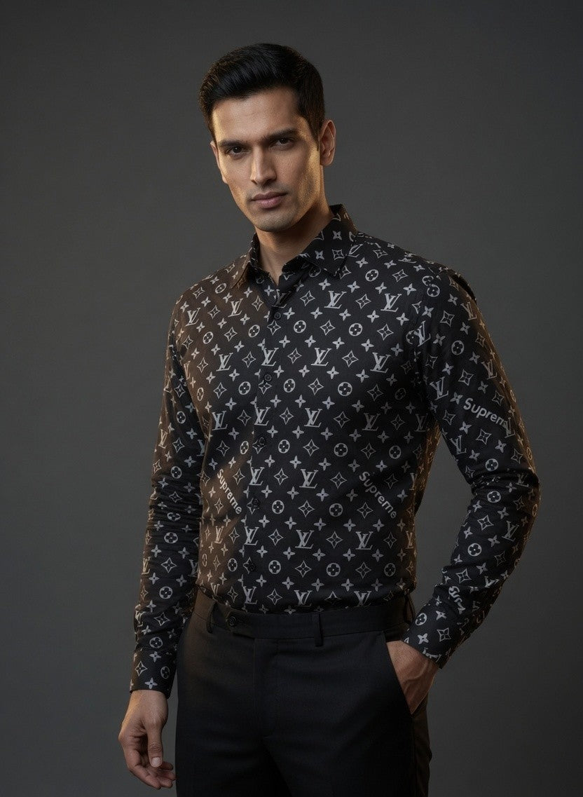 Luxury Monogram Printed Shirt for Men | Premium Full Sleeve Party Wear Shirt | Black & White Variants