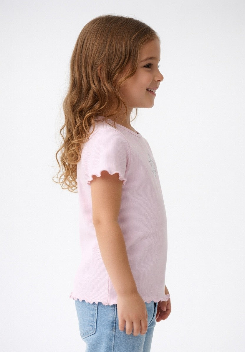 Girls Light Pink Ribbed Cotton T-Shirt | Cute Half Sleeve Casual Top for Kids | Soft & Comfortable Everyday Wear